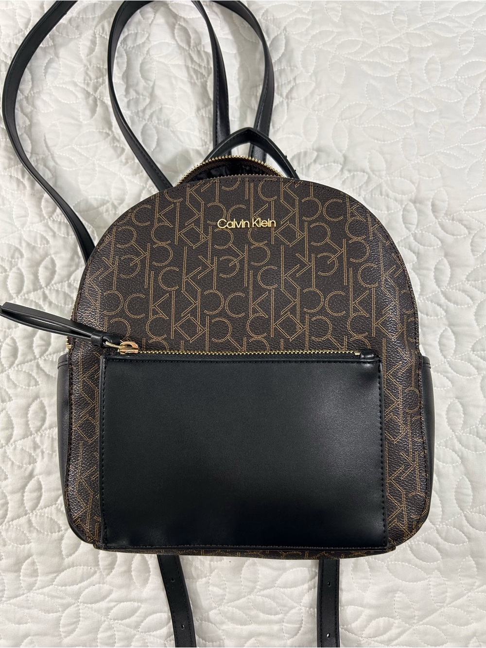 Calvin Klein Brown Monogram with Black Front Pocket Mini Backpack